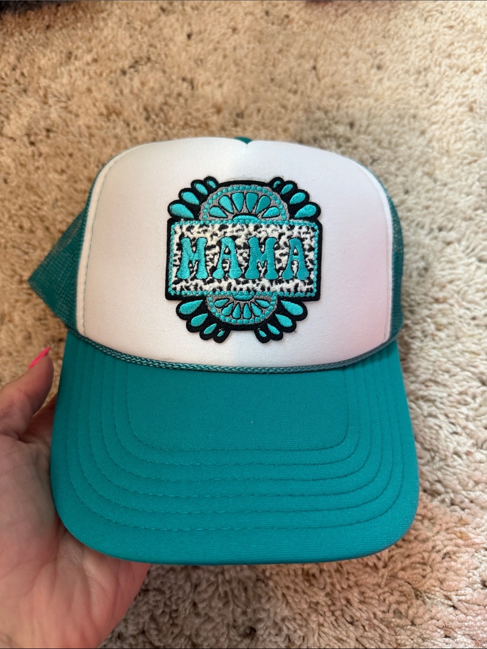 Turquoise & White 'MAMA' Trucker Hat